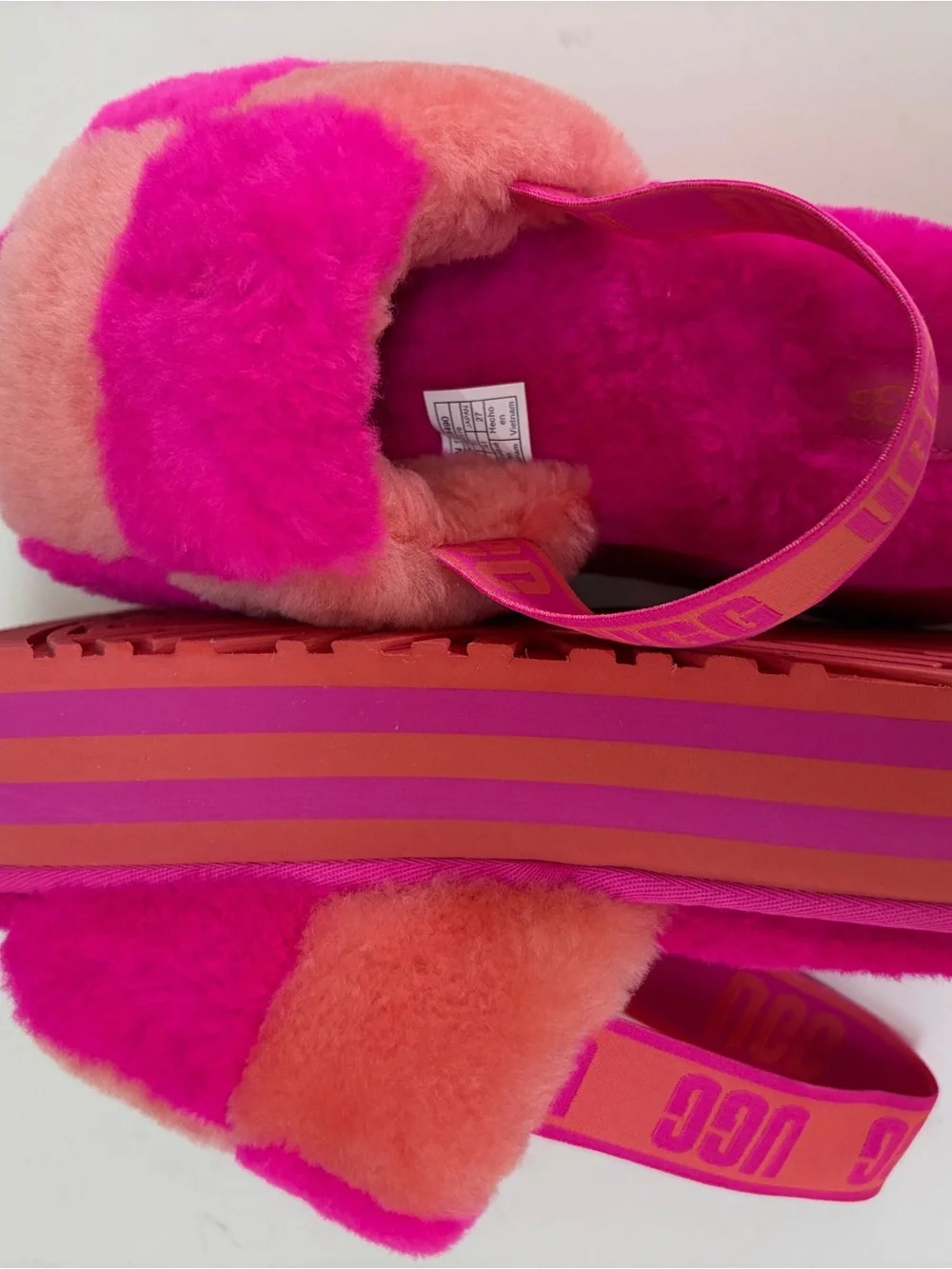 New Ugg Plush Slide Sandals in Bright Pink and Orange